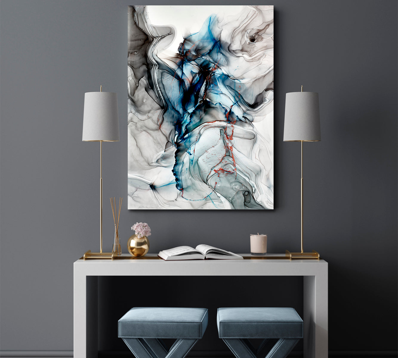 Tender Grey Blue Abstract Marble Veins Alcohol Ink Flow Fluid Art, Oriental Marbling Canvas Print Artesty 1 Panel 16"x24" 