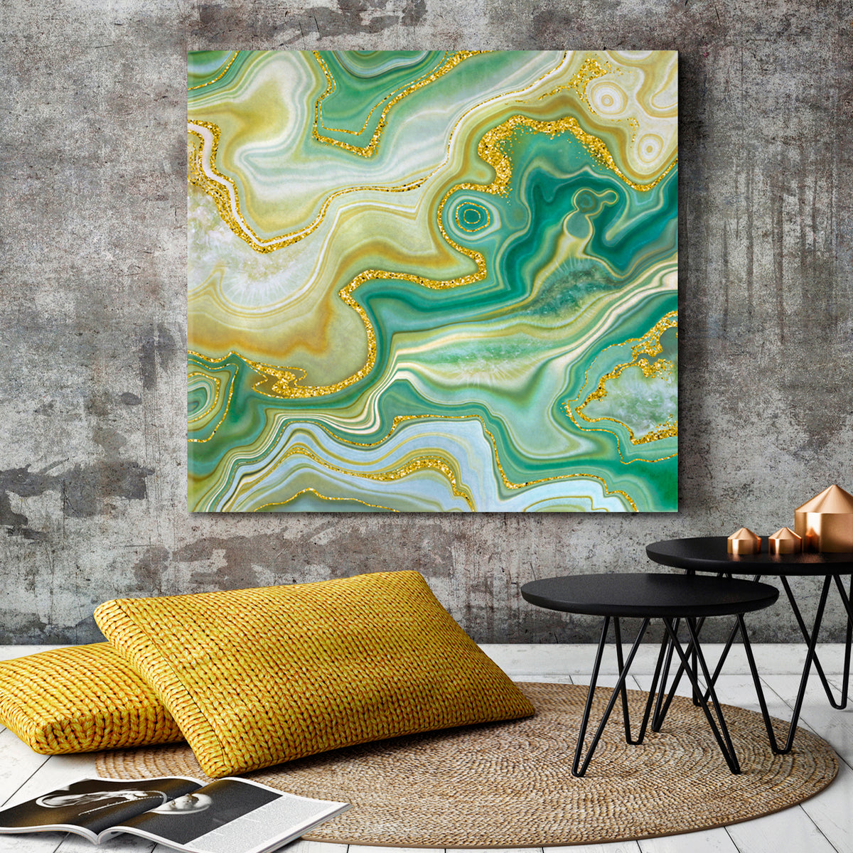 GREENERY Abstract Swirls of Marble Yellow-green Shade Fluid Art, Oriental Marbling Canvas Print Artesty 1 Panel 12"x12" 