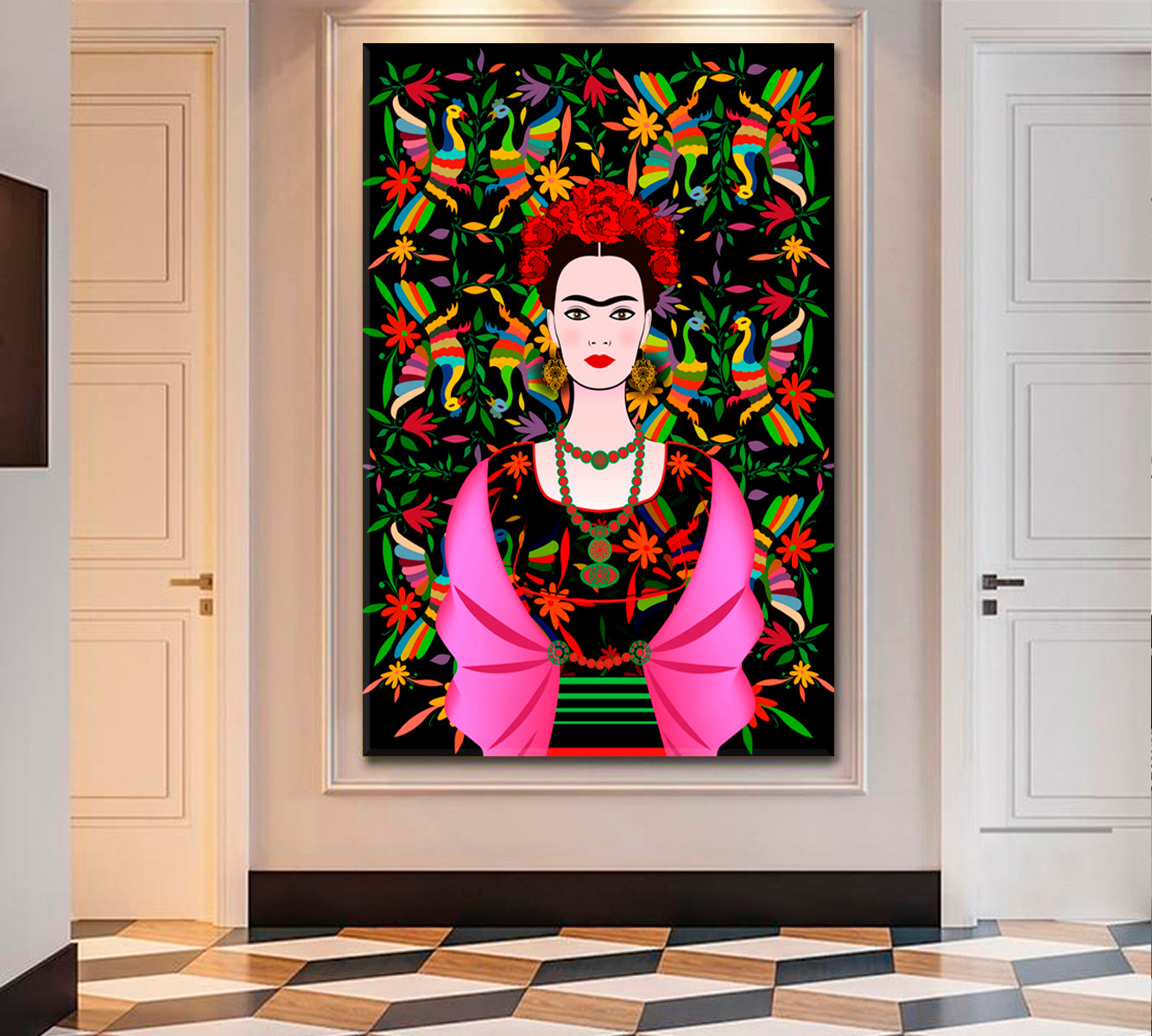 FRIDA KAHLO Abstract Art Traditional Hairstyle Mexican Crafts Jewelry and Dress  - Vertical 1 panel Celebs Canvas Print Artesty 1 Panel 16"x24" 