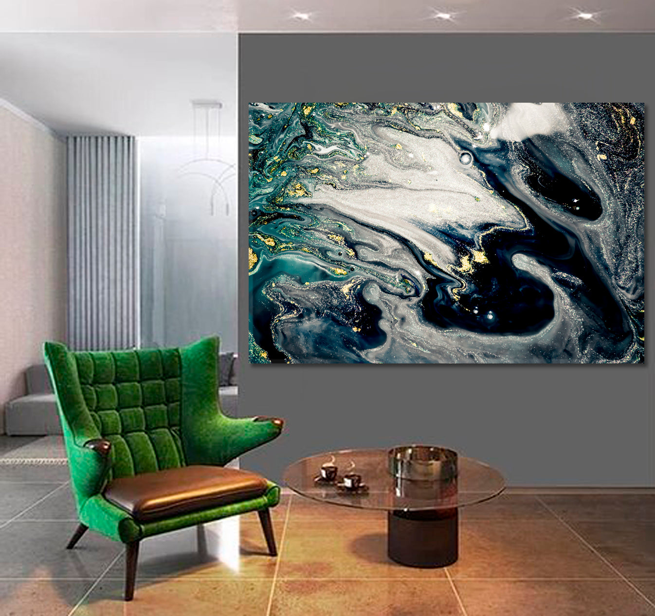 GREEN MALACHITE Inkwell Teal Metallic Silver Effect Marble Acrylic Mix Fluid Art, Oriental Marbling Canvas Print Artesty   