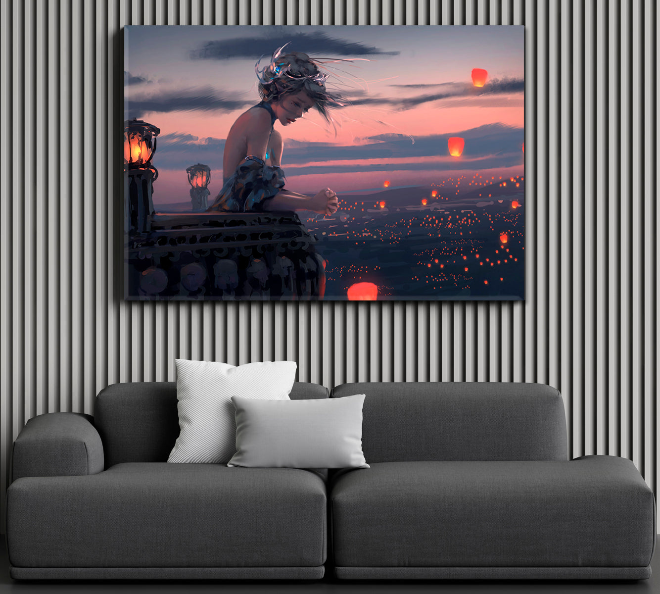 Anime Girl On Balcony Sky Lanterns Romantic Artwork TV, Cartoons Wall Art Canvas Artesty 1 panel 24" x 16" 