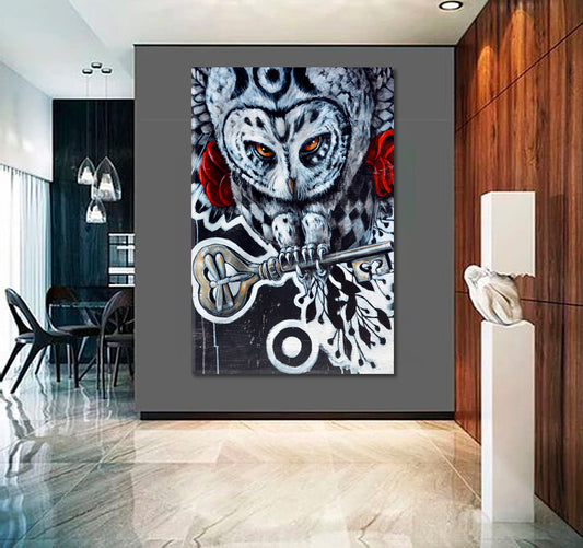 OWL AND KEY Secrets Keeper, Wisdom Honor Knowledge Urban Graffiti Street Art Canvas Print - Vertical Street Art Canvas Print Artesty   