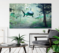 Fantasy Landscape Sharks Swimming in Forest Surreal Fantasy Large Art Print Décor Artesty 1 panel 24" x 16" 