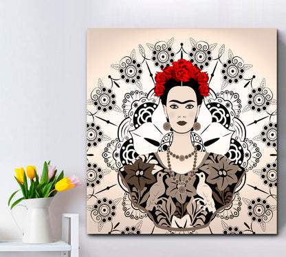 MANDALA Frida Kahlo Young Beautiful Mexican Woman Traditional Hairstyle - Square People Portrait Wall Hangings Artesty 1 Panel 12"x12" 