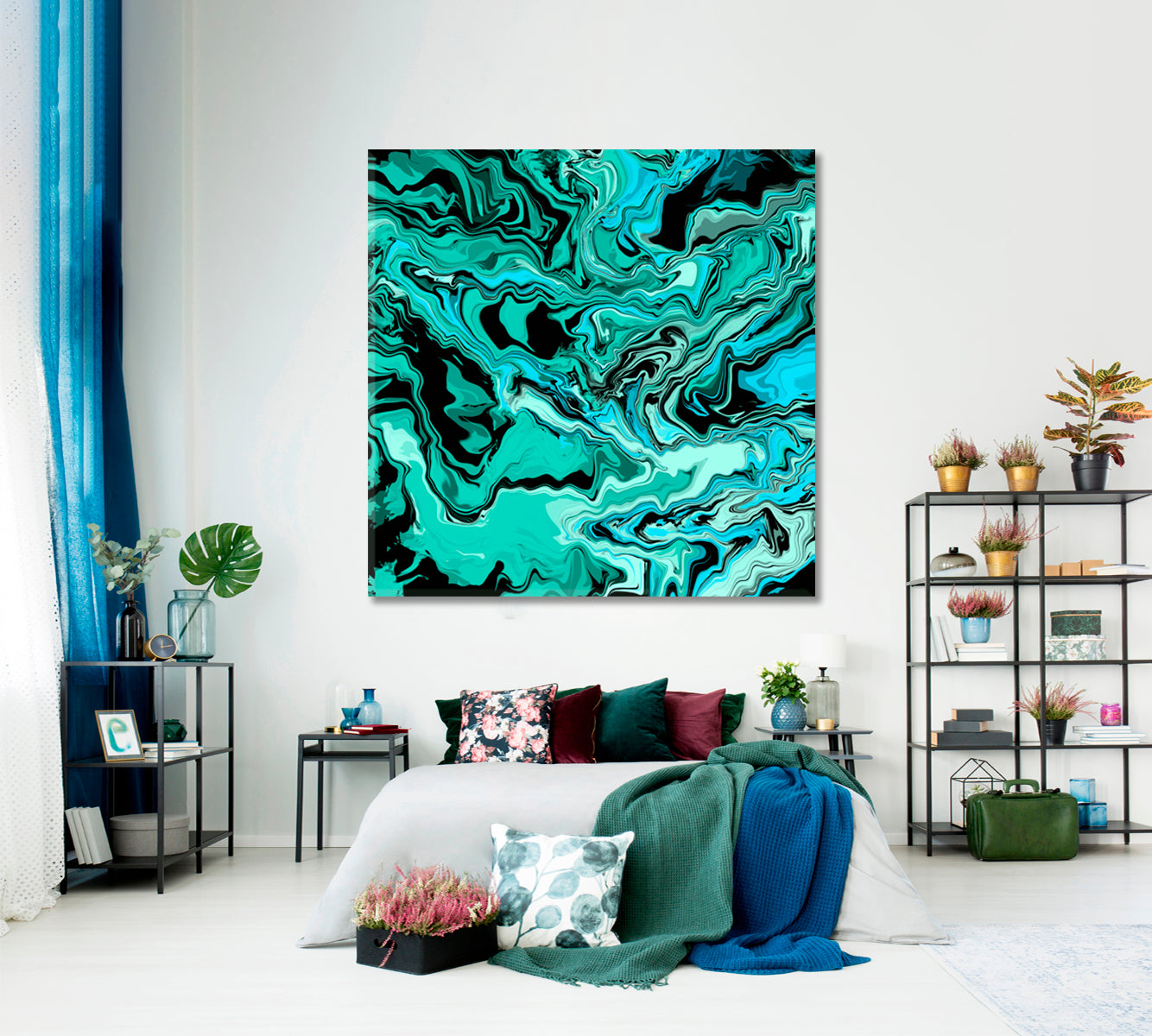 MARBLING Abstract Turquoise Black Waves Fluid Art, Oriental Marbling Canvas Print Artesty   