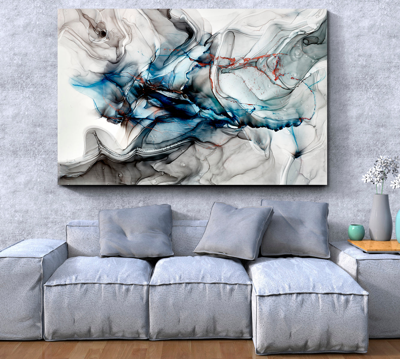 Gray Blue Marble Translucent Waves Free-flowing Smok Fluid Art, Oriental Marbling Canvas Print Artesty   