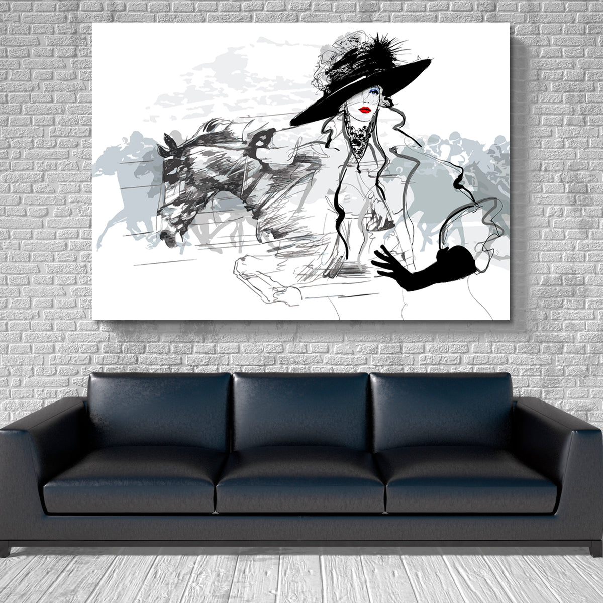 Woman on a Horse Race Black and White Wall Art Print Artesty 1 panel 24" x 16" 