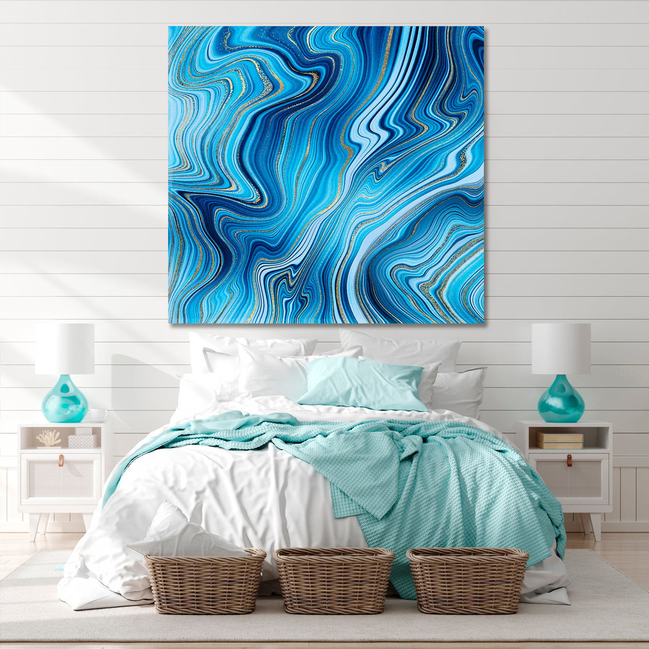 Creative Agate Artistic Marble Sky Blue & Gold Veins Canvas Print - Square Abstract Art Print Artesty   