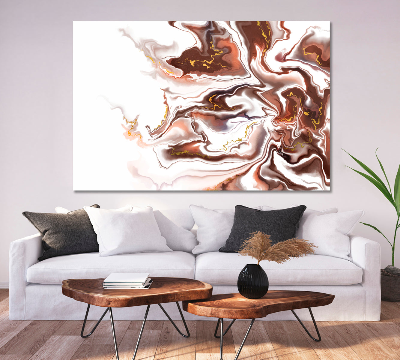 Brown Abstract Wavy Forms Futuristic Pattern Fluid Art, Oriental Marbling Canvas Print Artesty 1 panel 24" x 16" 