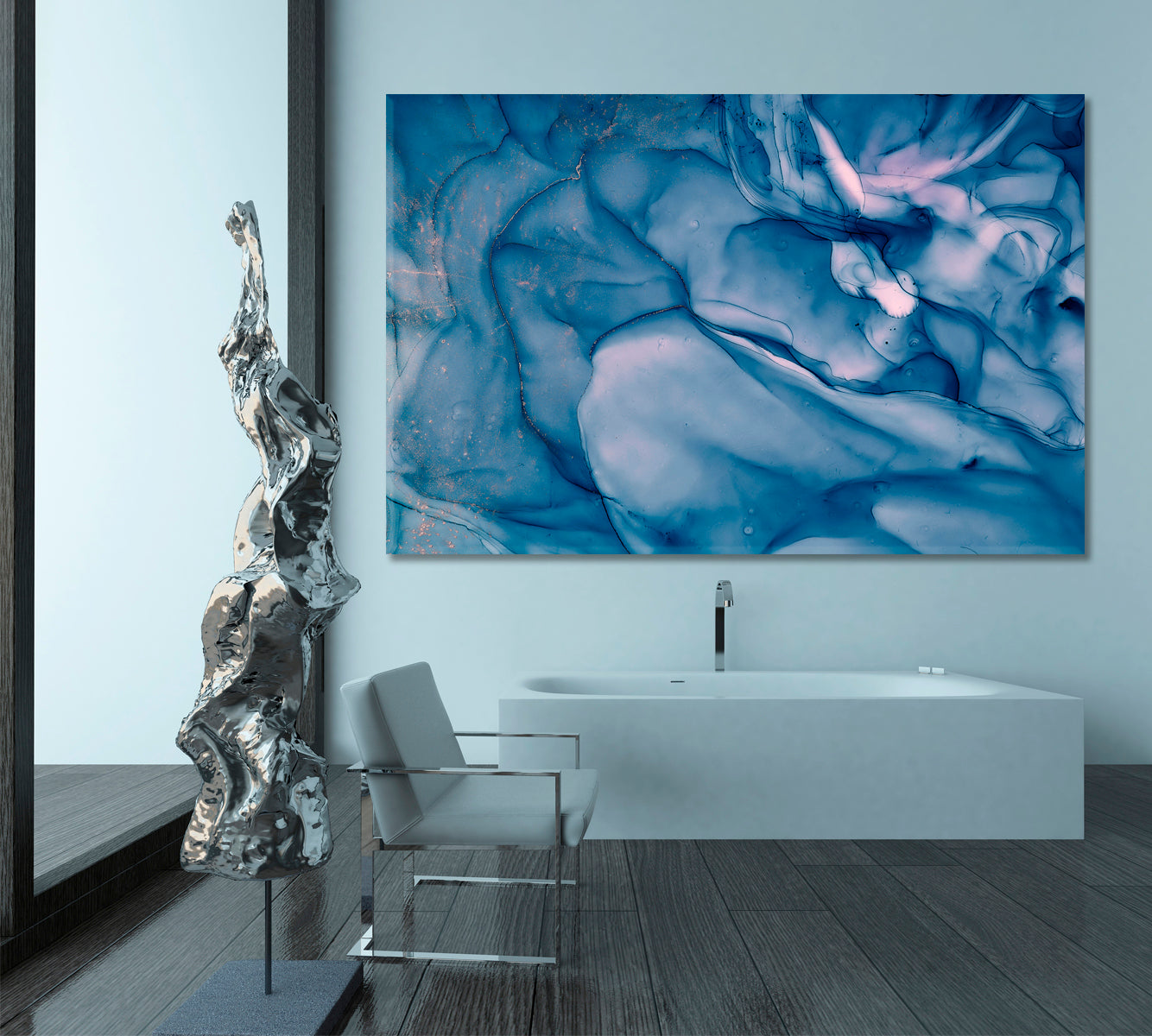 Luxury Modern Style Blue Marble Abstract Fluid Art, Oriental Marbling Canvas Print Artesty   