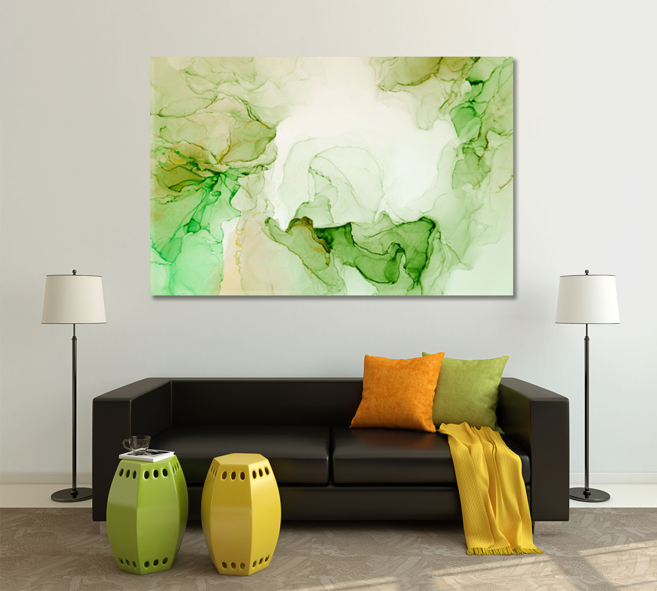 Ink Abstract Soft Green Color Bright Modern Contemporary Fluid Art, Oriental Marbling Canvas Print Artesty   