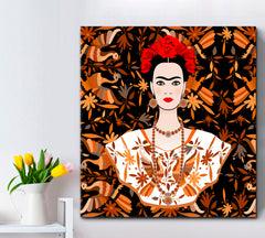 FRIDA KAHLO  Abstract Art Frida Ethnic Mexican Tapestry Flowers Peacocks - Square Panel Contemporary Art Artesty   