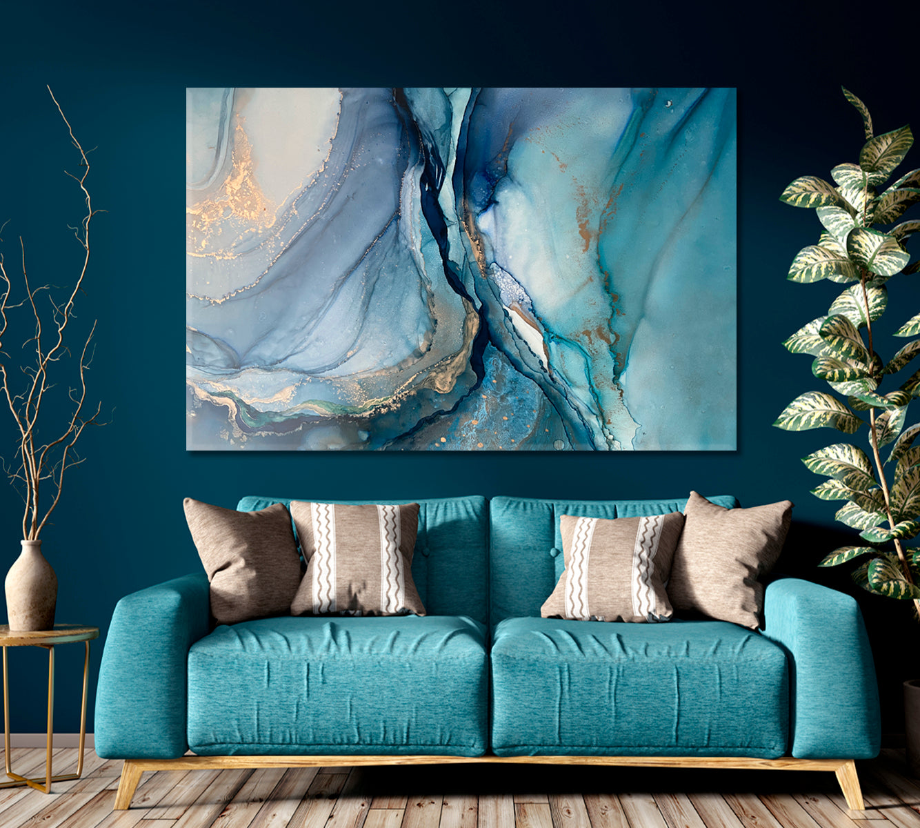 ABSTRACT Blue Ink Landscape Marble Veins Fluid Art, Oriental Marbling Canvas Print Artesty 1 panel 24" x 16" 