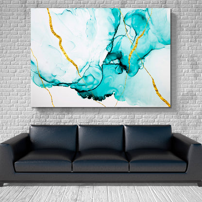 SMOCK IN MOTION Green Blue Gold Ink In Water Natural Luxury Marble Fluid Art, Oriental Marbling Canvas Print Artesty   