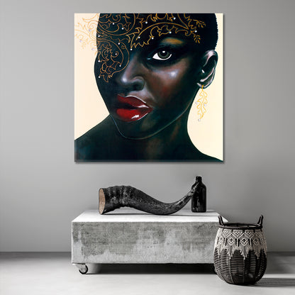 HOT CHOCOLATE  Stunning African Women Red Lips Canvas Print - Square Panel African Style Canvas Print Artesty 1 Panel 12"x12" 