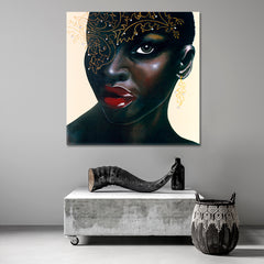 HOT CHOCOLATE  Stunning African Women Red Lips Canvas Print - Square Panel African Style Canvas Print Artesty 1 Panel 12"x12" 