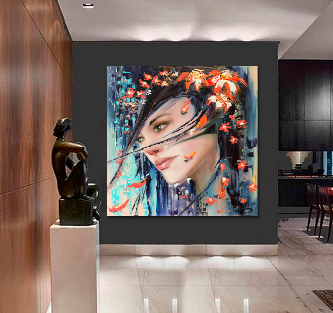 LADY AUTUMN Beautiful Fantasy Woman with Flowers and Tree Leaves Contemporary Art - Square Panel People Portrait Wall Hangings Artesty   