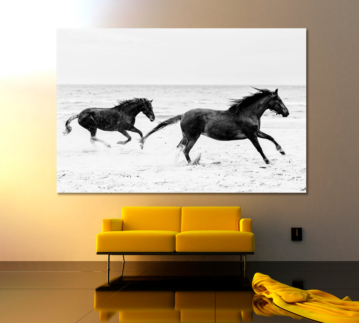 Horses Gallop Running on the Seashore Freedom Wildness Black and White Animals Canvas Print Artesty 1 panel 24" x 16" 