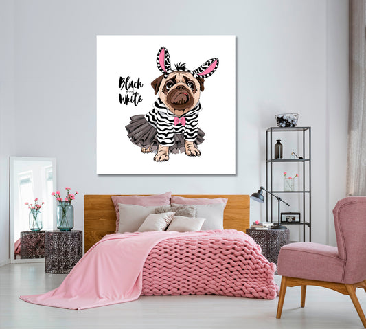 Cute Puppy Pug Ballerina Tutu Striped Black & White Top Baby Girl Room Canvas Print | Square Panel Kids Room Canvas Art Print Artesty