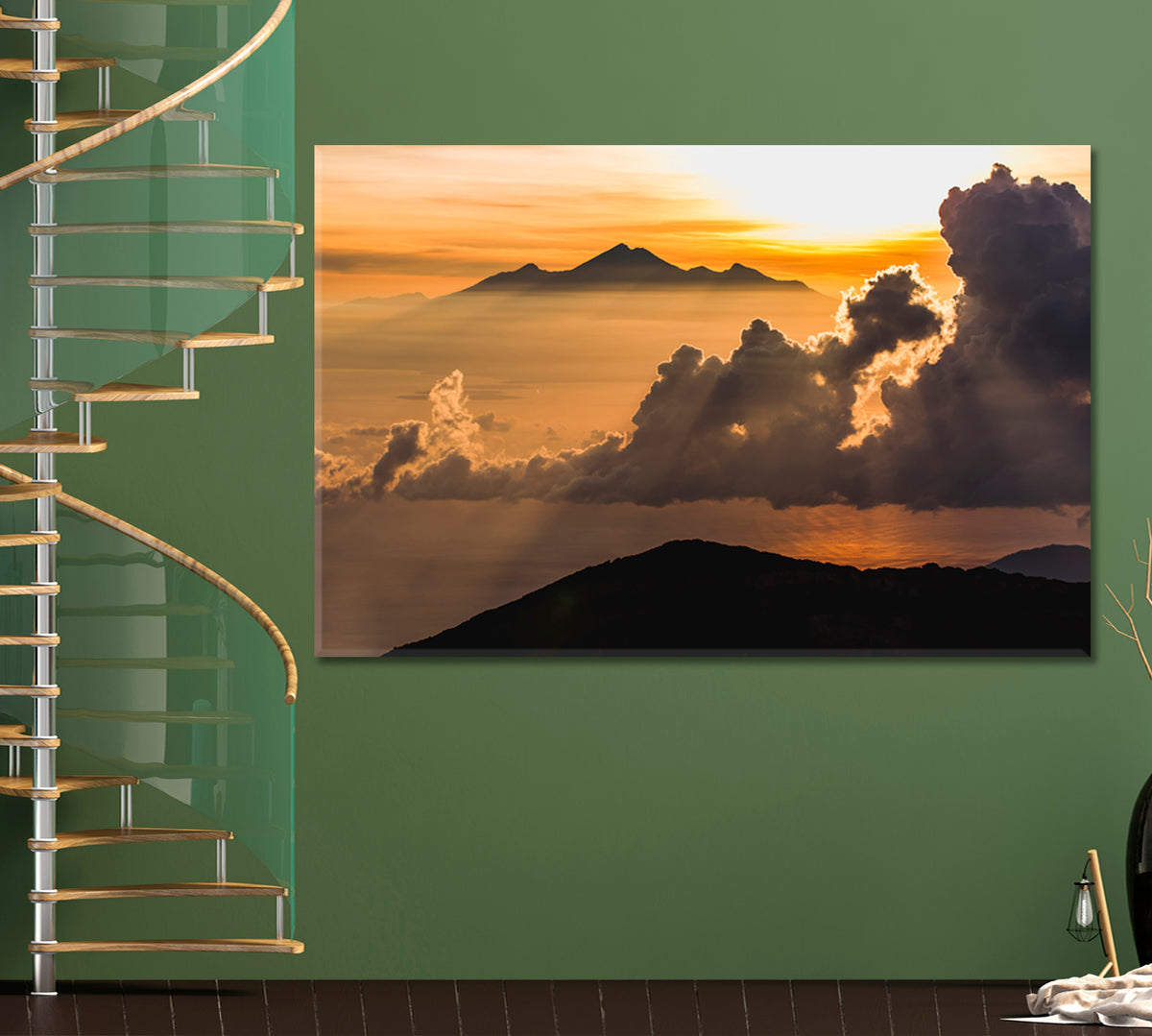 Mount Agung Volcano Rinjani Peak Sunrays Colorful Sky Panoramic Landscape Scenery Landscape Fine Art Print Artesty 1 panel 24" x 16" 