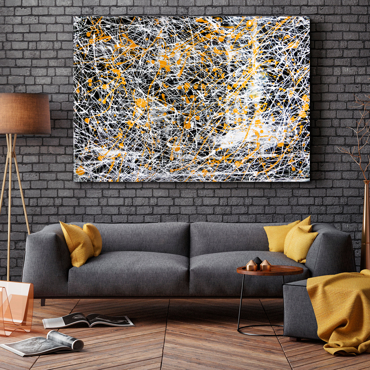 Abstract Drip White Black Yellow Modern Expressionist Contemporary Art Artesty 1 panel 24" x 16" 
