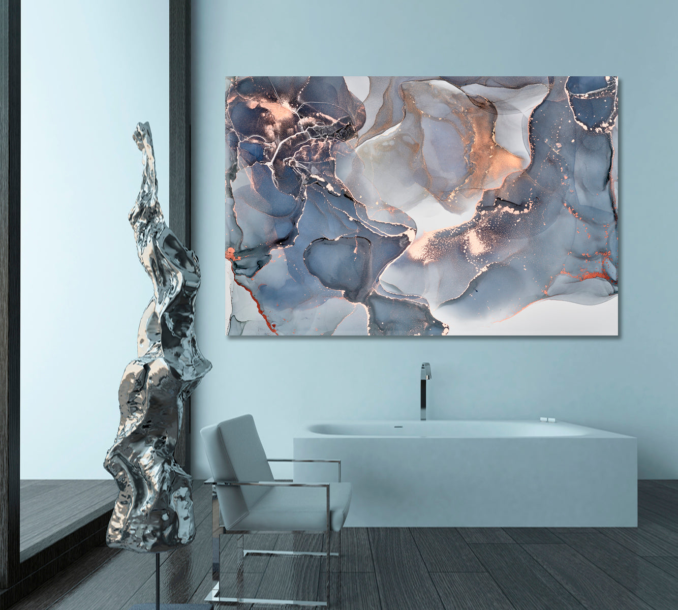 Wispy Blue Tides | Alcohol Ink Blue Grey Beautiful Marble Pattern | Canvas Print Fluid Art, Oriental Marbling Canvas Print Artesty 1 panel 24" x 16" 