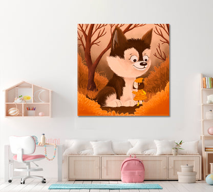 Little Girl and Cute husky Dog Kids Fairy Nursery Art Canvas Print | Square Panel Kids Room Canvas Art Print Artesty   