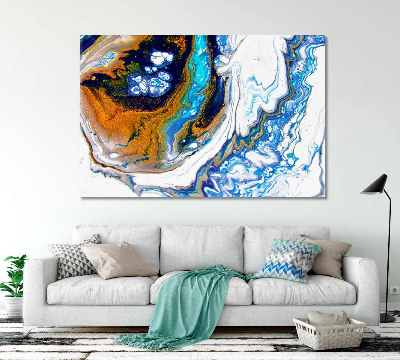 Abstract Gold Dark Blue Mixed Acrylic Marble Contemporary Fluid Art, Oriental Marbling Canvas Print Artesty   