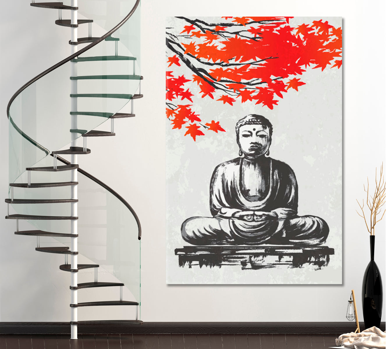 HARMONY Great Buddha of Kamakura with Maple Branch Oriental Style -  Vertical Asian Style Canvas Print Wall Art Artesty 1 Panel 16"x24" 