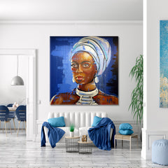 Portrait African Young Black Woman Traditional Ethnic Headscarf | Square African Style Canvas Print Artesty 1 Panel 12"x12" 