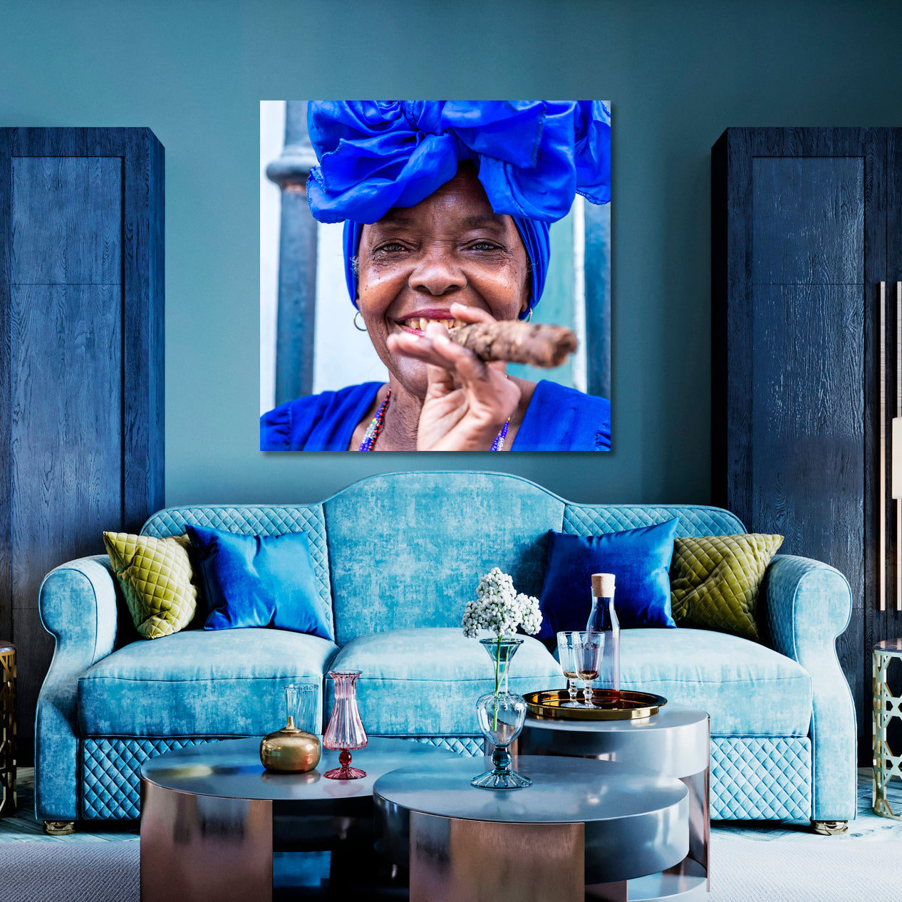 TRADITIONAL HAVANA African Cuban Woman Big Fat Cigar Canvas Print - Square Panel People Portrait Wall Hangings Artesty   