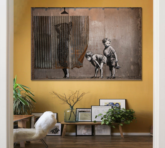 INSPIRED BY BANKSY Boys Spying on a Woman Having a Shower Street Art Canvas Print Street Art Canvas Print Artesty   