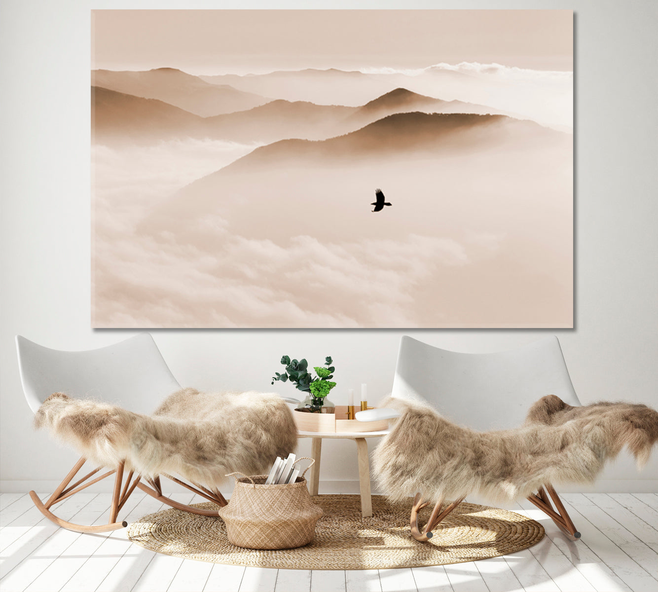 Breathtaking Landscape Sky and Mountain Mist, Silhouettes of Misty Mountains, bird flying, sepia toning Skyscape Canvas Artesty   