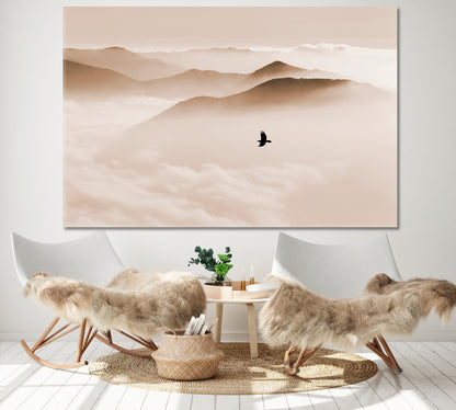 Breathtaking Landscape Sky and Mountain Mist, Silhouettes of Misty Mountains, bird flying, sepia toning Skyscape Canvas Artesty   