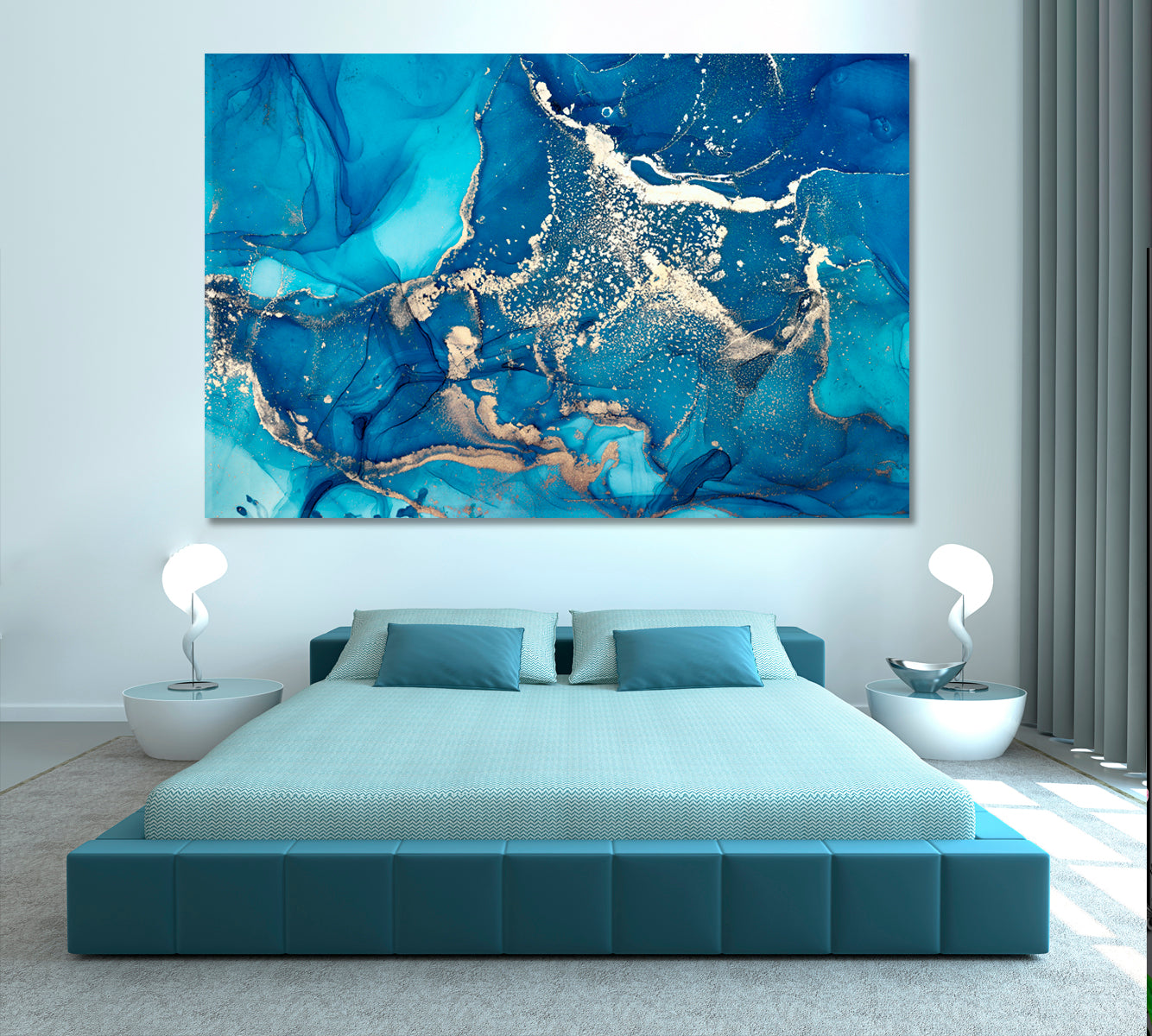 Modern Fluid Art Marble Alcohol Ink Sky Blue Art Design Fluid Art, Oriental Marbling Canvas Print Artesty   