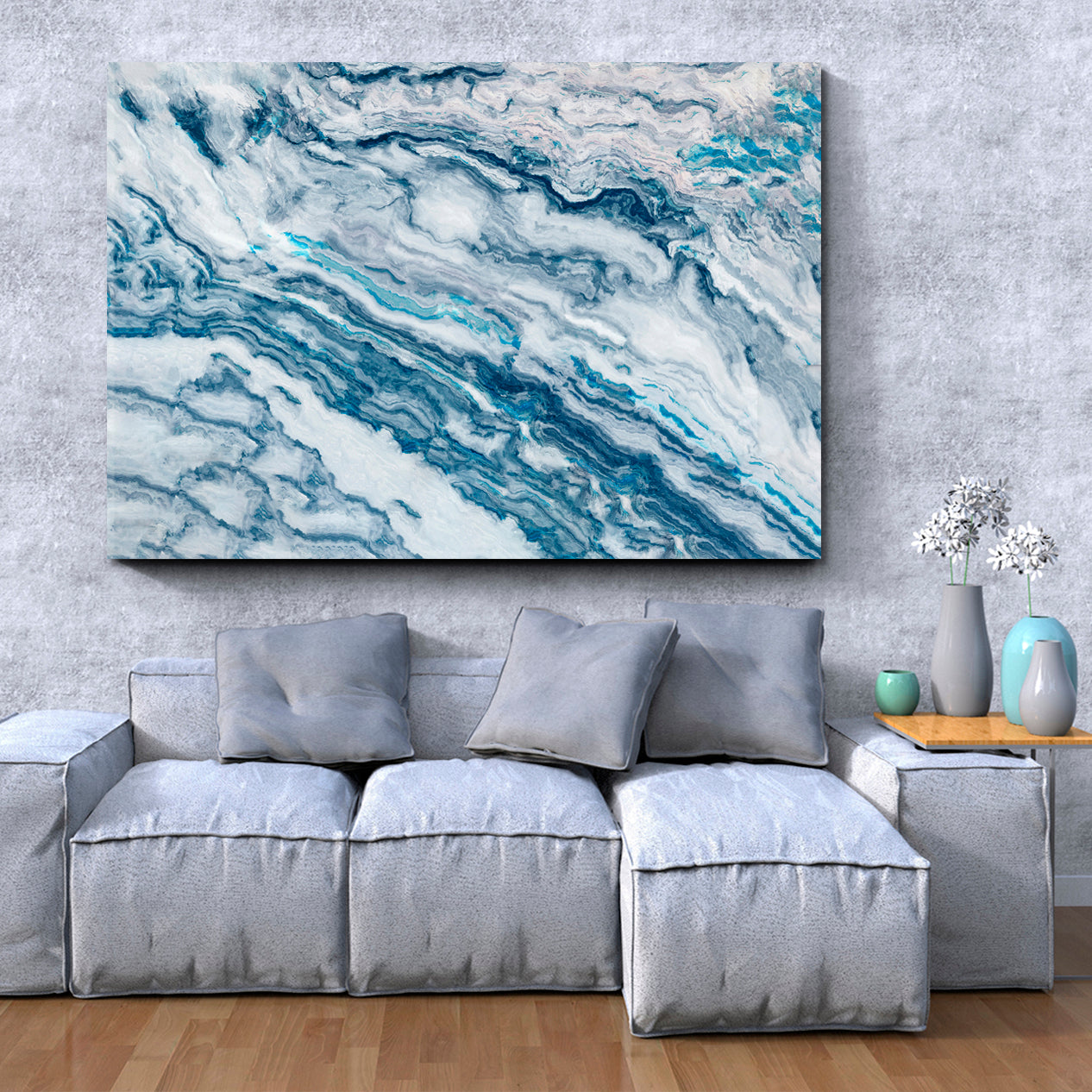 BLUE Marble Swirl Veins Fluid Art, Oriental Marbling Canvas Print Artesty 1 panel 24" x 16" 