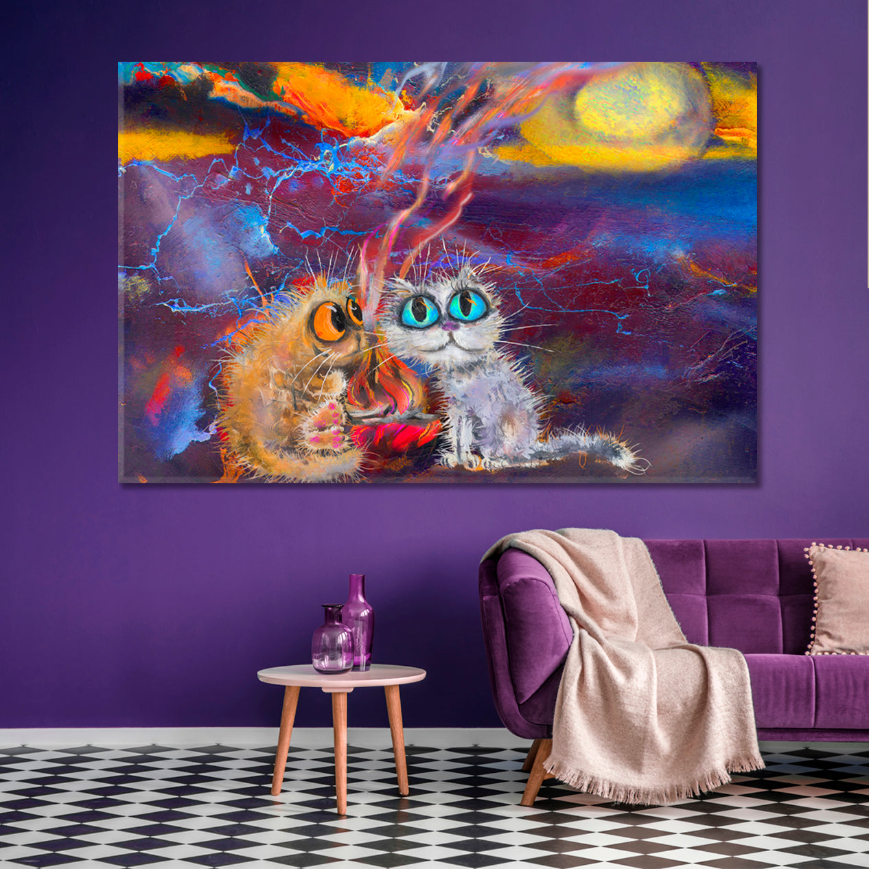 Two Kitten By the Fire Funny Cats Big Eyes Whimsical Animals Canvas Print Animals Canvas Print Artesty   