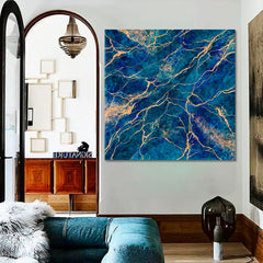 Abstract Blue Natural Stone Luxury Style Swirls of Marble | Square Fluid Art, Oriental Marbling Canvas Print Artesty 1 Panel 12"x12" 