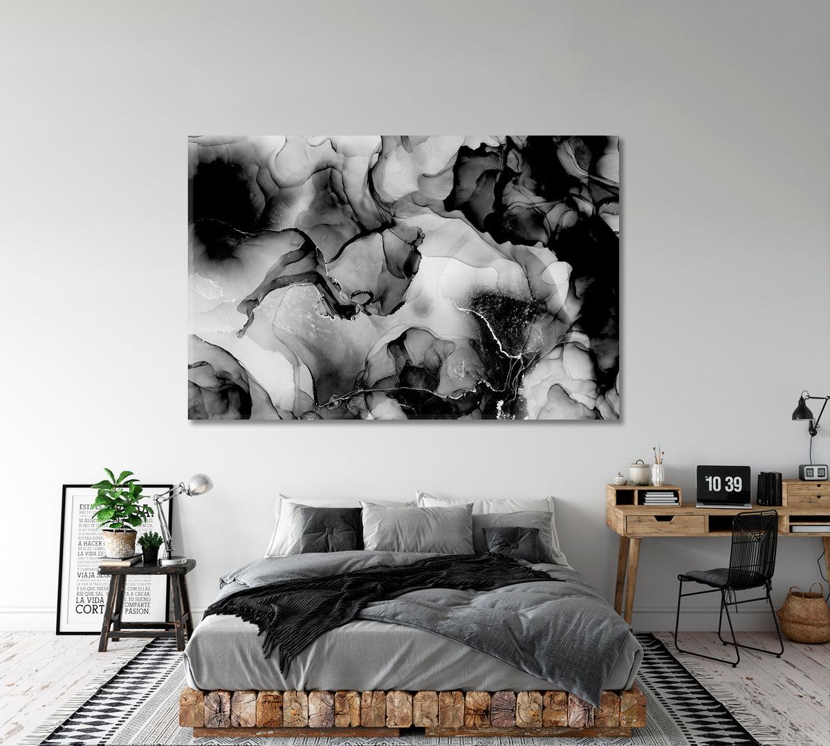 FLUID ART Black and White Abstract Marble Ink Fluid Art, Oriental Marbling Canvas Print Artesty 1 panel 24" x 16" 