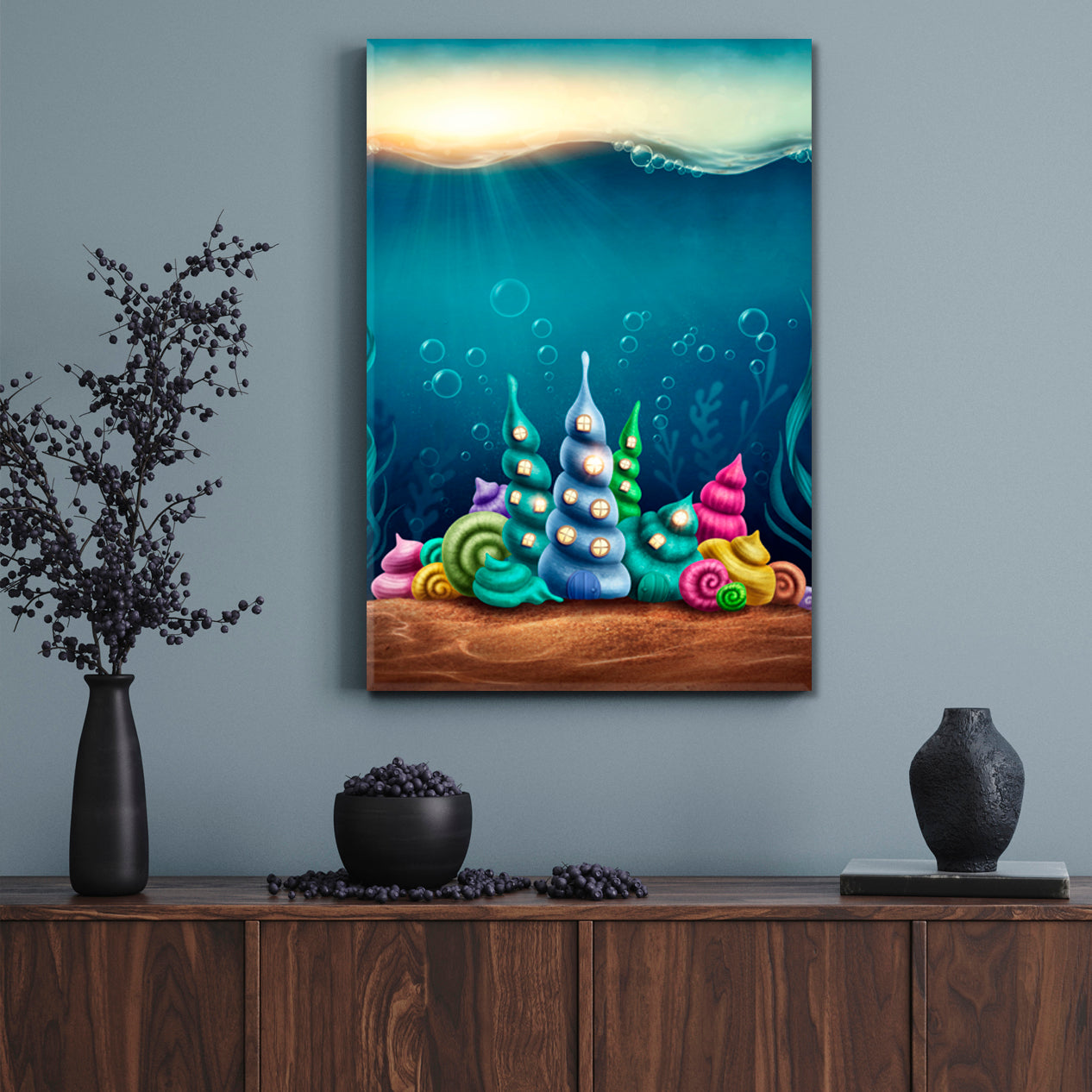 ART FOR KIDS Fantasy Underwater Kingdom Shell Huts Nautical, Sea Life Pattern Art Artesty   