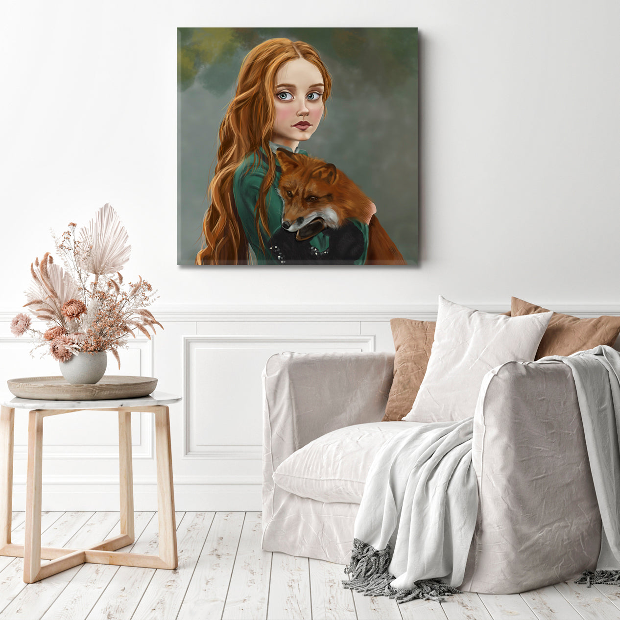 RED FOX GINGER STORY Girl Red Hair Lady Green Dress Surreal Fairy Tale Kids Room Canvas Art Print Artesty   