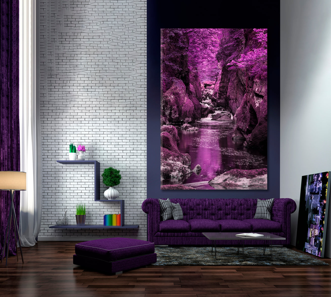 Beautiful Ethereal Landscape Deep-sided Gorge Rock Walls Stream Flowing Surreal Purple Foliage - Vertical Scenery Landscape Fine Art Print Artesty   