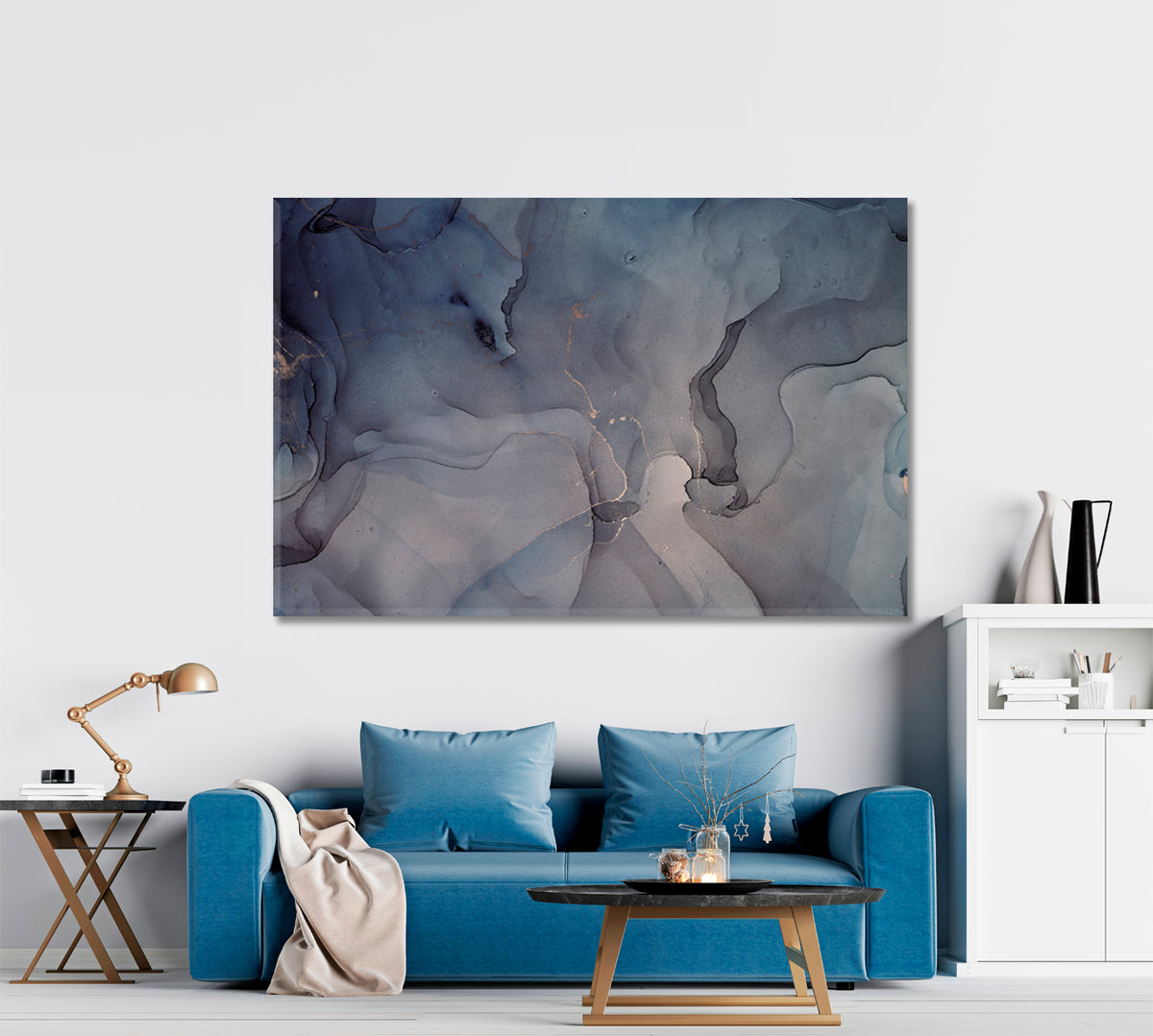 GRAY BLUE Alcohol Ink Colors Translucent Abstract Marble Fluid Art, Oriental Marbling Canvas Print Artesty 1 panel 24" x 16" 