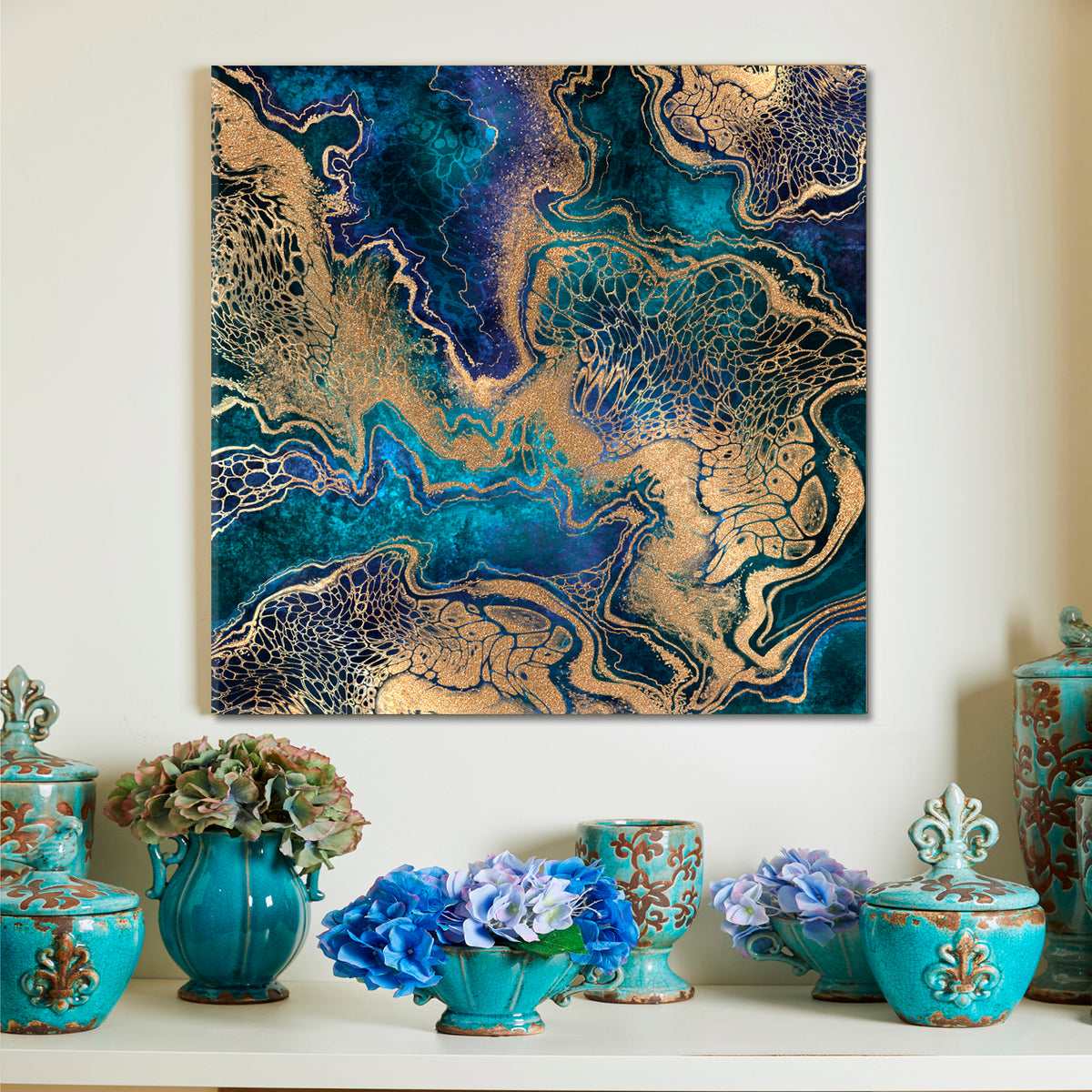 NAVY BLUE WITH GOLD EFFECT Persian Marble Swirls Luxury Pattern Trendy Canvas Print - Square Fluid Art, Oriental Marbling Canvas Print Artesty 1 Panel 12"x12" 