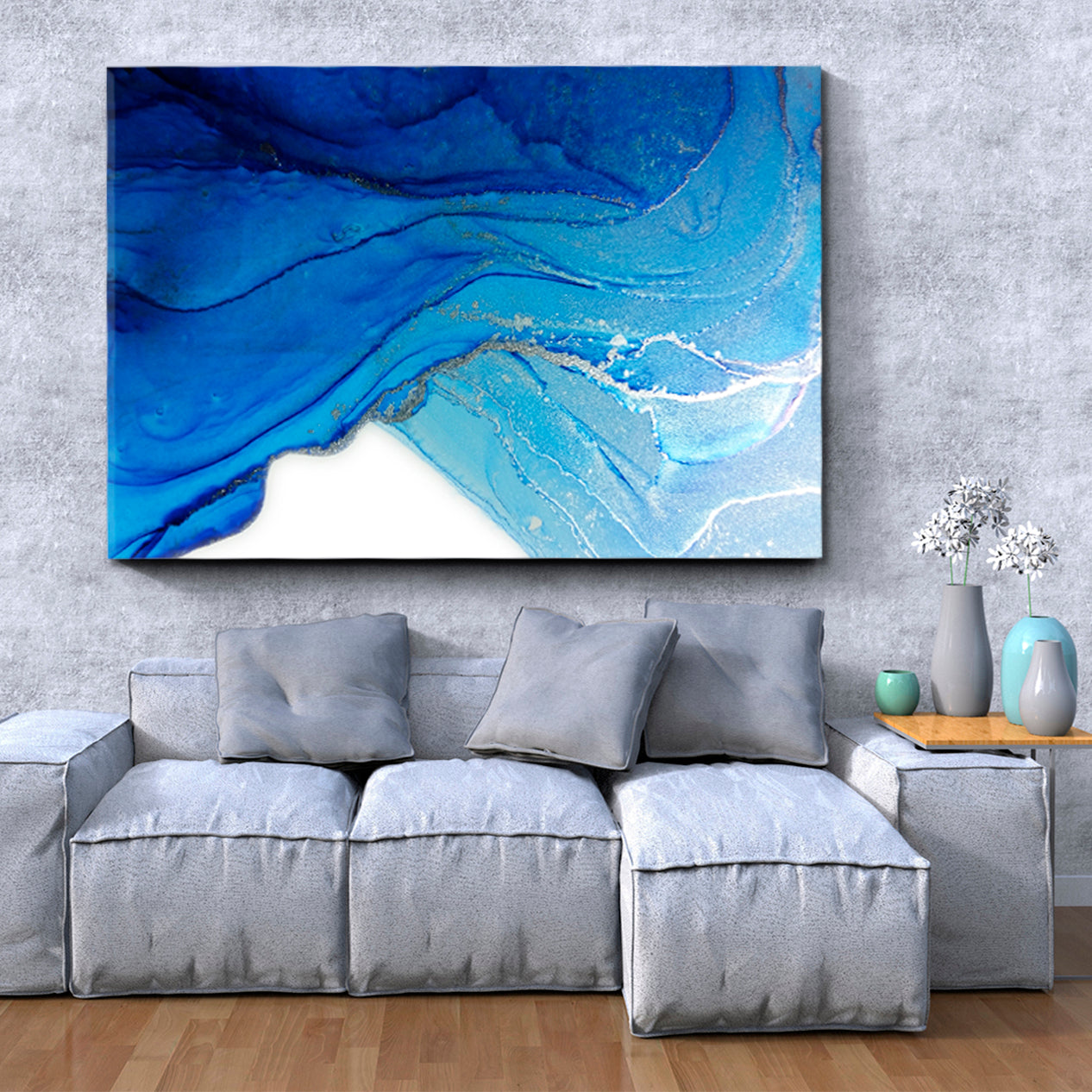 FROST AND WINTER Marble Shades Blue Tornado Abstract Fluid Fluid Art, Oriental Marbling Canvas Print Artesty 1 panel 24" x 16" 