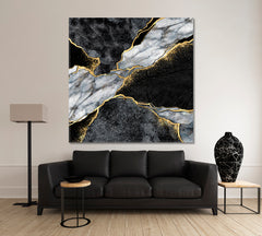 Beautiful Black Gtey & Gold Marble Canvas Print - Square Fluid Art, Oriental Marbling Canvas Print Artesty 1 Panel 12"x12" 