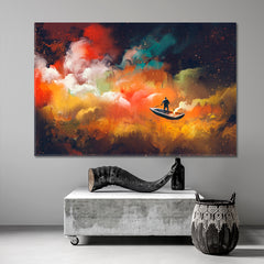 Surreal Dreamlike Man on Boat Outer Space Colorful Clouds Surreal Fantasy Large Art Print Décor Artesty 1 panel 24" x 16" 