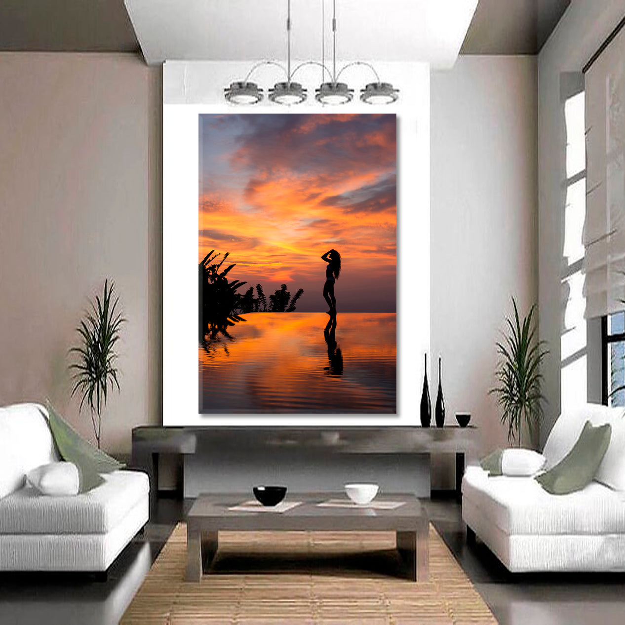 INFINITY EDGE Landscape Luxury Beach Pool Silhouette Woman at Sunset - Vertical Scenery Landscape Fine Art Print Artesty   