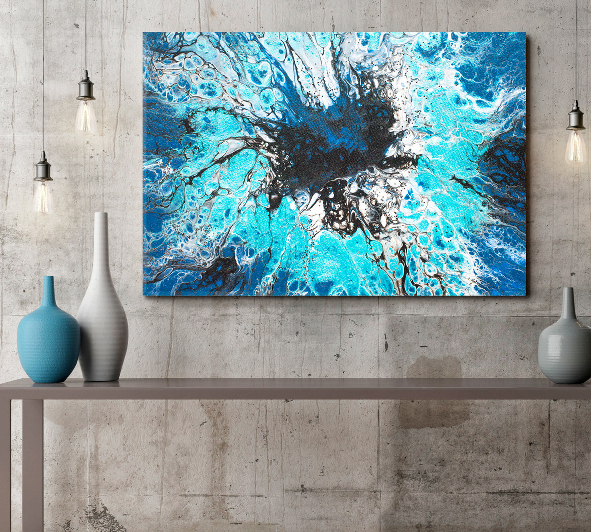 Vibrant Blue Turquoise Black Stains Abstract Geode Resin Painting Fluid Art, Oriental Marbling Canvas Print Artesty 1 panel 24" x 16" 
