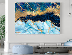 MARBLE STONE RIPPLES Blue Gold Effect Marble Liquid Paint Abstract Trendy Modern Canvas Print Fluid Art, Oriental Marbling Canvas Print Artesty   